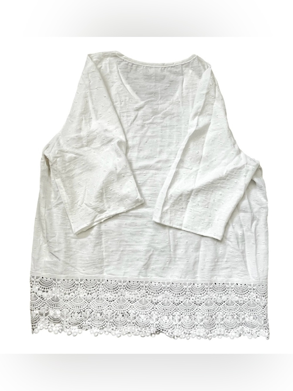 White V-Neck Pintuck Tunic with Lace Hem - Picture 6 of 7